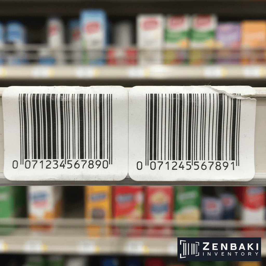 Two barcode labels with similar numbers are attached to a store shelf, with product boxes blurred in the background and the Zenbaki Inventory logo in the bottom right corner.