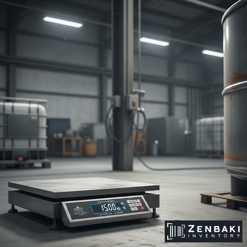 An industrial digital weighing scale displays 1500 kg in a warehouse, surrounded by large metal containers and storage tanks, illustrating efficient inventory counting. The Zenbaki Inventory logo appears in the bottom right corner.