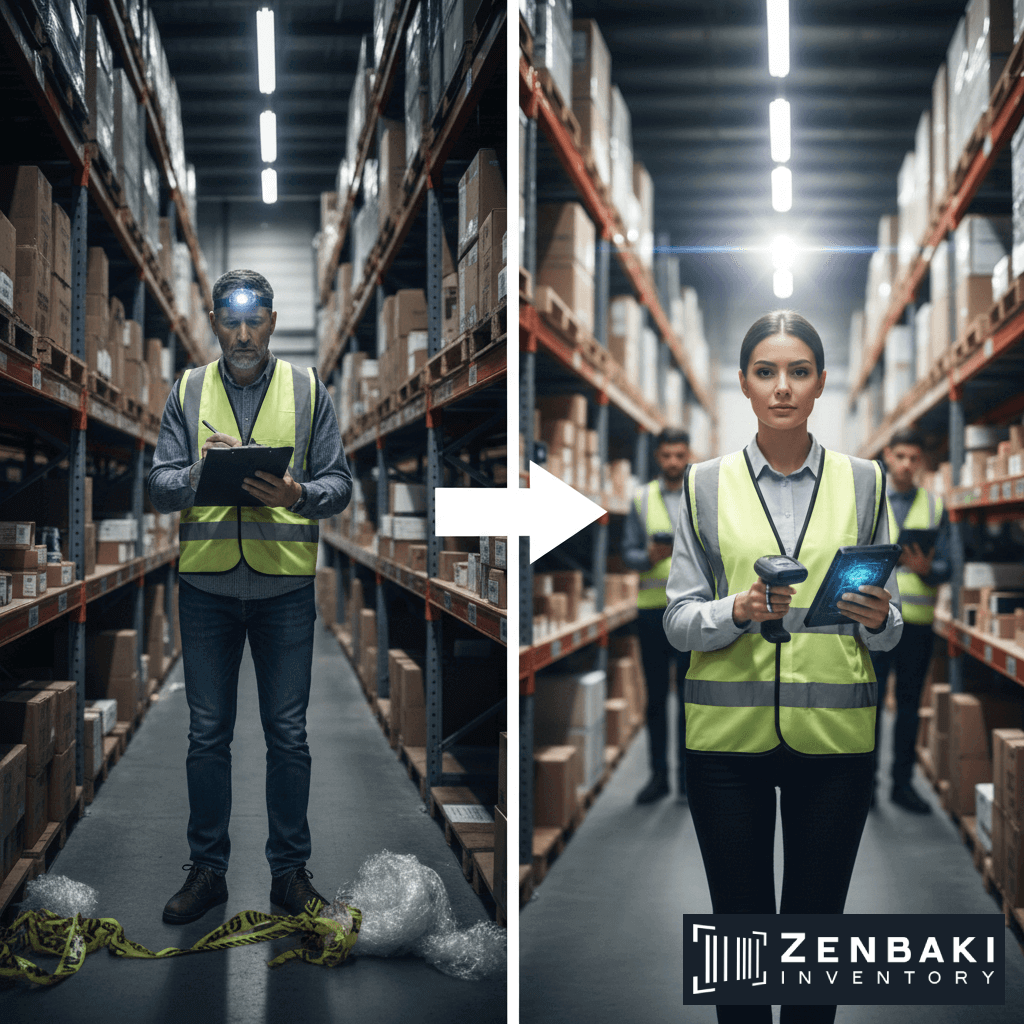 A split image shows a warehouse worker with a headlamp and messy supplies on the left, and organized workers using tablets, barcode scanners, and inventory counting services on the right. The Zenbaki Inventory logo is at the bottom.