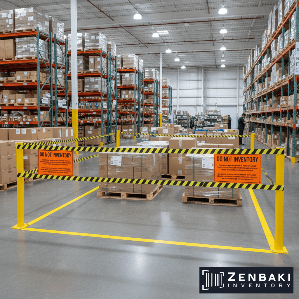 A warehouse with tall shelves of boxes and a yellow barrier marked DO NOT INVENTORY around pallets, indicating restricted areas during inventory counting. The Zenbaki Inventory logo is in the bottom right corner.