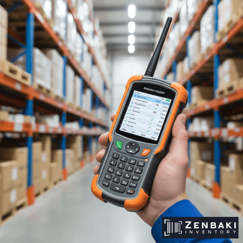 A hand holds a rugged inventory scanner with a checklist displayed for inventory counting, inside a warehouse with shelves stacked with boxes. The bottom right corner features the Zenbaki Inventory logo.