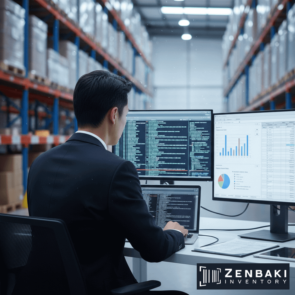 A man in a suit works at a desk with multiple computer screens displaying inventory counting data and charts in a warehouse filled with shelves and boxes. The Zenbaki Inventory logo is visible in the corner.