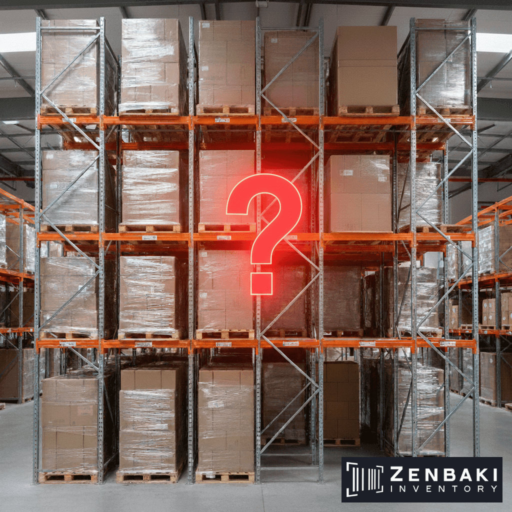 Warehouse shelves filled with stacked boxes and pallets, hinting at inventory counting needs, with a large red question mark glowing in the center. The bottom right corner displays the Zenbaki Inventory logo.