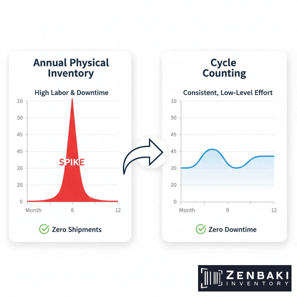 A comparison of annual physical inventory counting with a high spike in effort and zero shipments, versus cycle counting with steady effort and zero downtime. An arrow points from the first to the second. Zenbaki Inventory logo is at the bottom.
