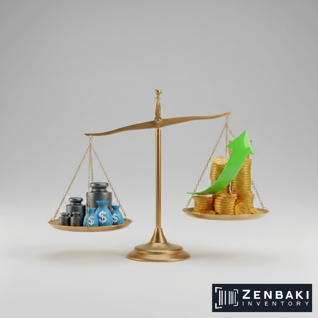 A golden balance scale with barrels and money bags on the left and stacked gold coins with a green upward arrow on the right, highlighting inventory counting. The right side is heavier. Zenbaki Inventory logo appears at the bottom right.