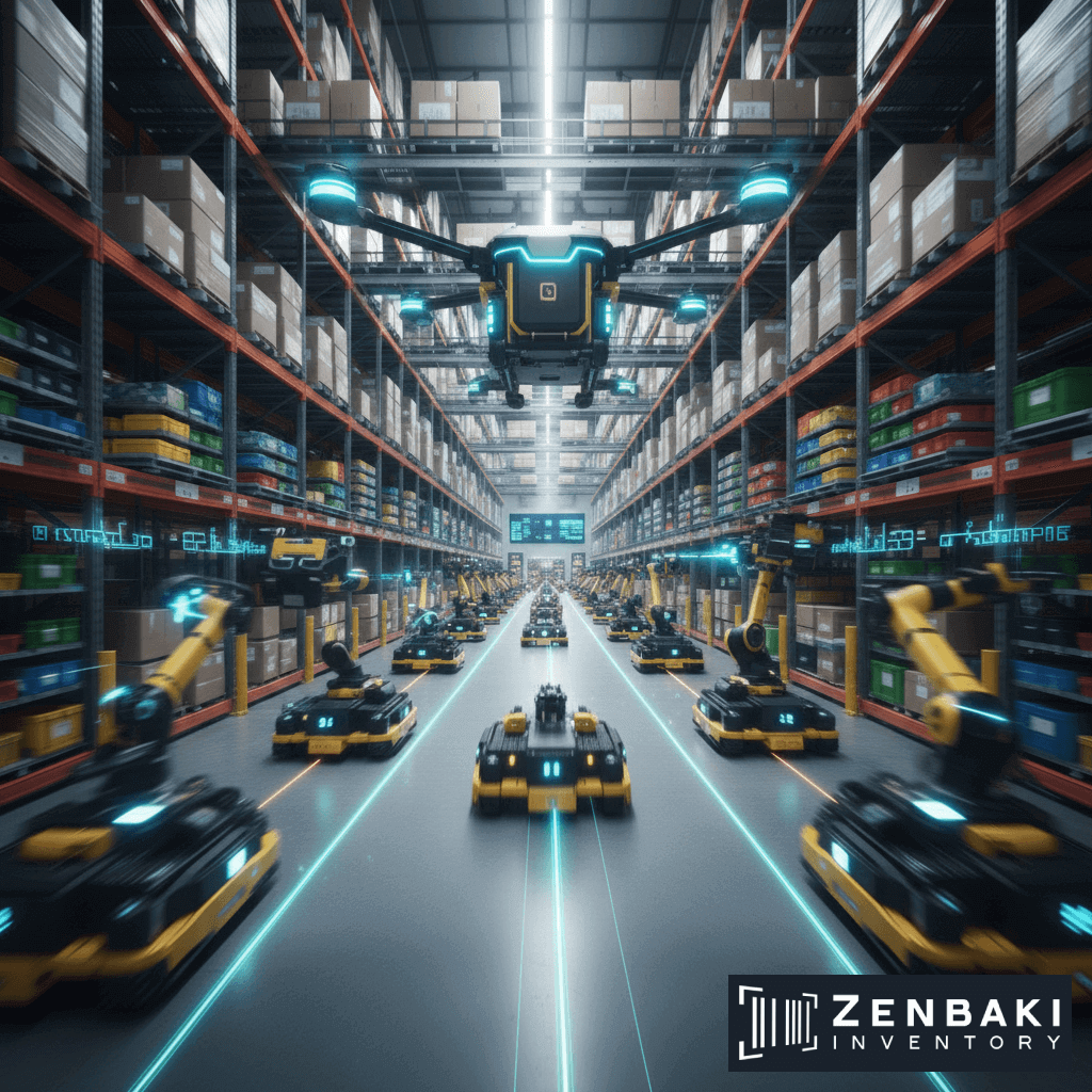 Automated robots and drones handle inventory counting as they organize and transport packages in a futuristic warehouse with tall shelves. Glowing lines guide the machines. The logo Zenbaki Inventory is visible in the bottom right corner.