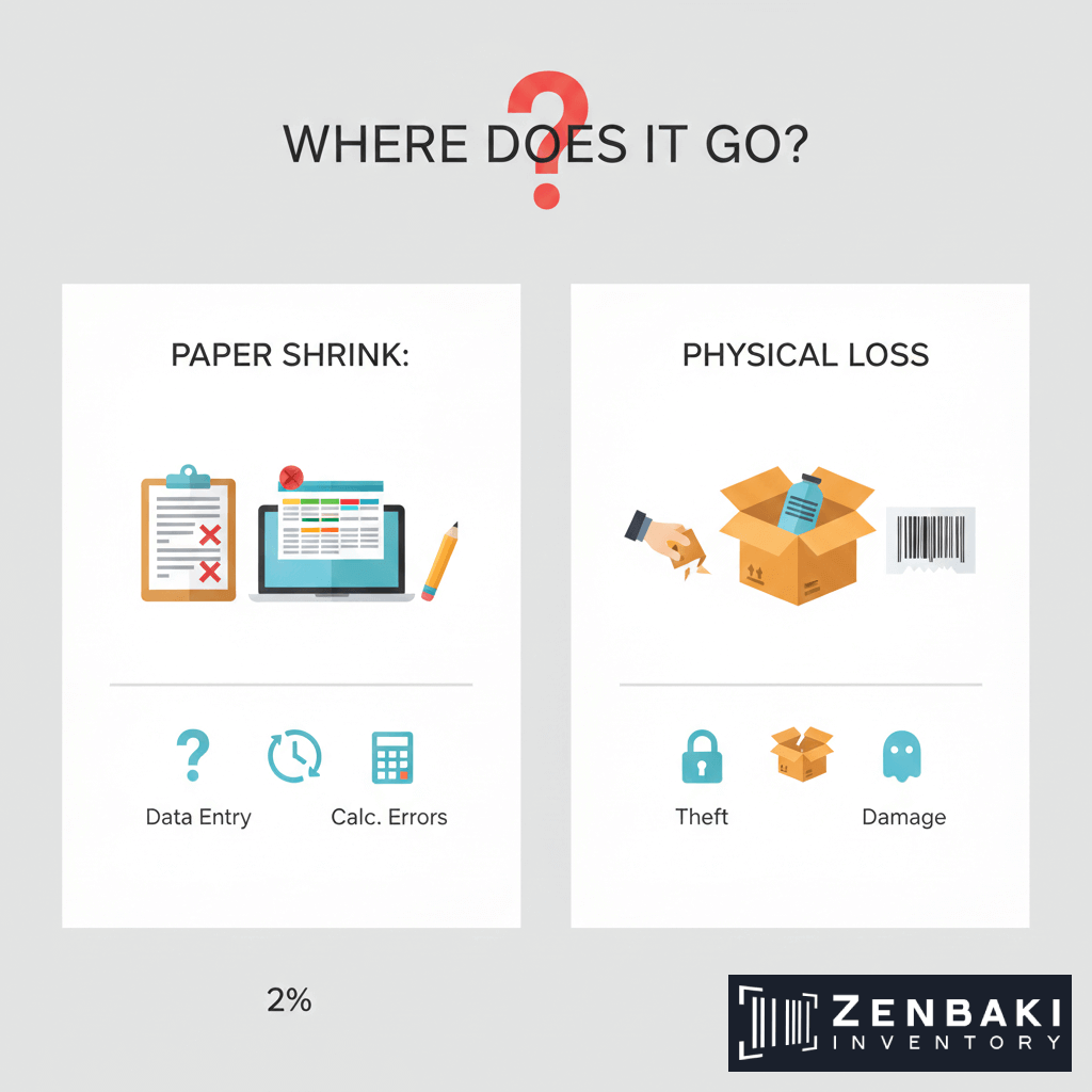 Infographic titled Where does it go? highlights two causes of inventory loss: Paper Shrink, featuring icons for data entry and calculation errors during inventory counting, and Physical Loss with theft and damage icons. Zenbaki Inventory logo at bottom.