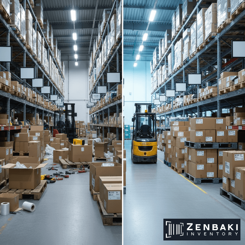 A split image shows a warehouse before and after inventory counting. On the left, boxes and items are scattered. On the right, boxes are neatly stacked on shelves. A forklift is visible in both images. Zenbaki Inventory logo is at the bottom right.